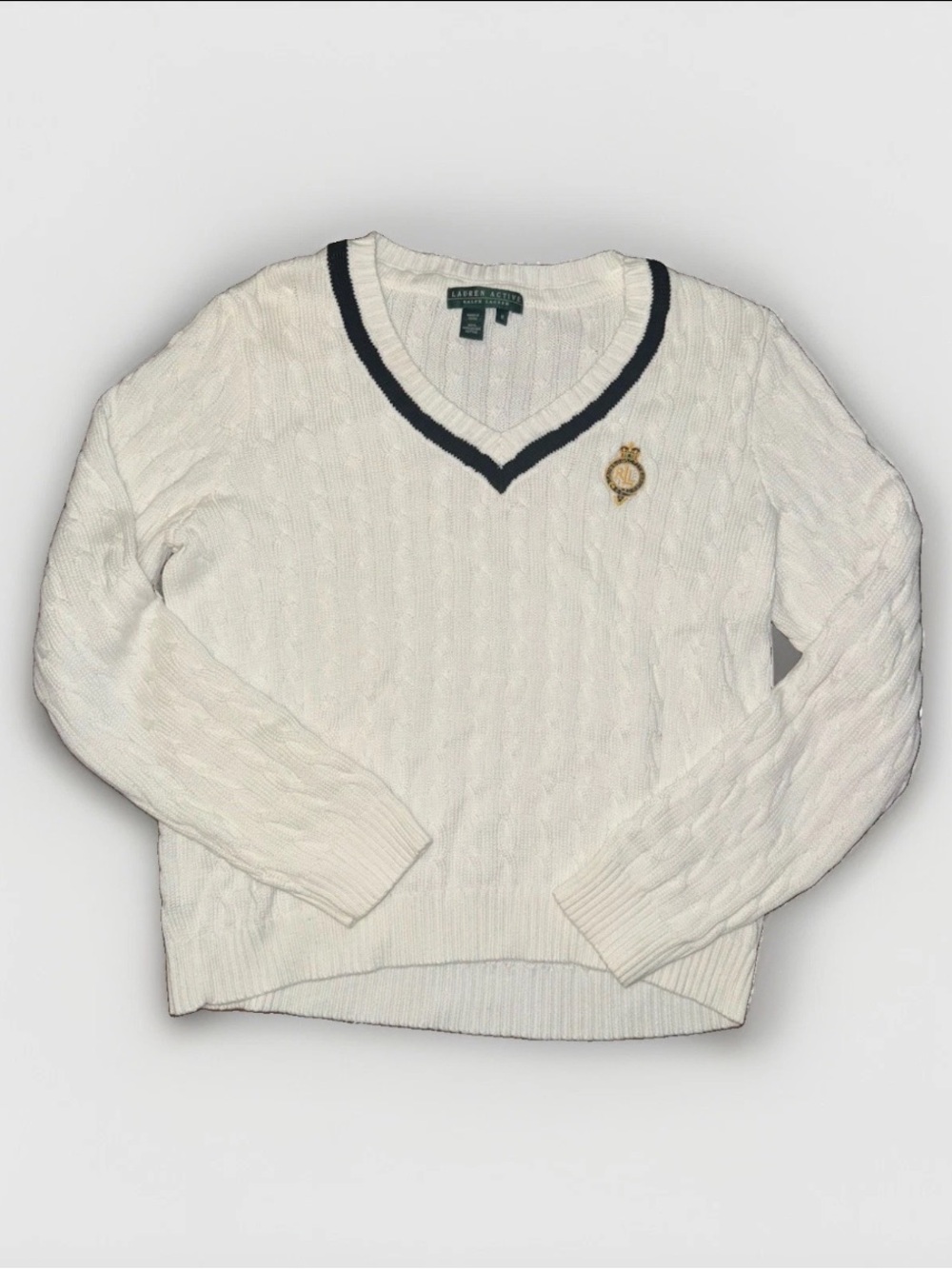 Ralph Lauren Cream Cable-Knit V-Neck Sweater with Navy Trim
